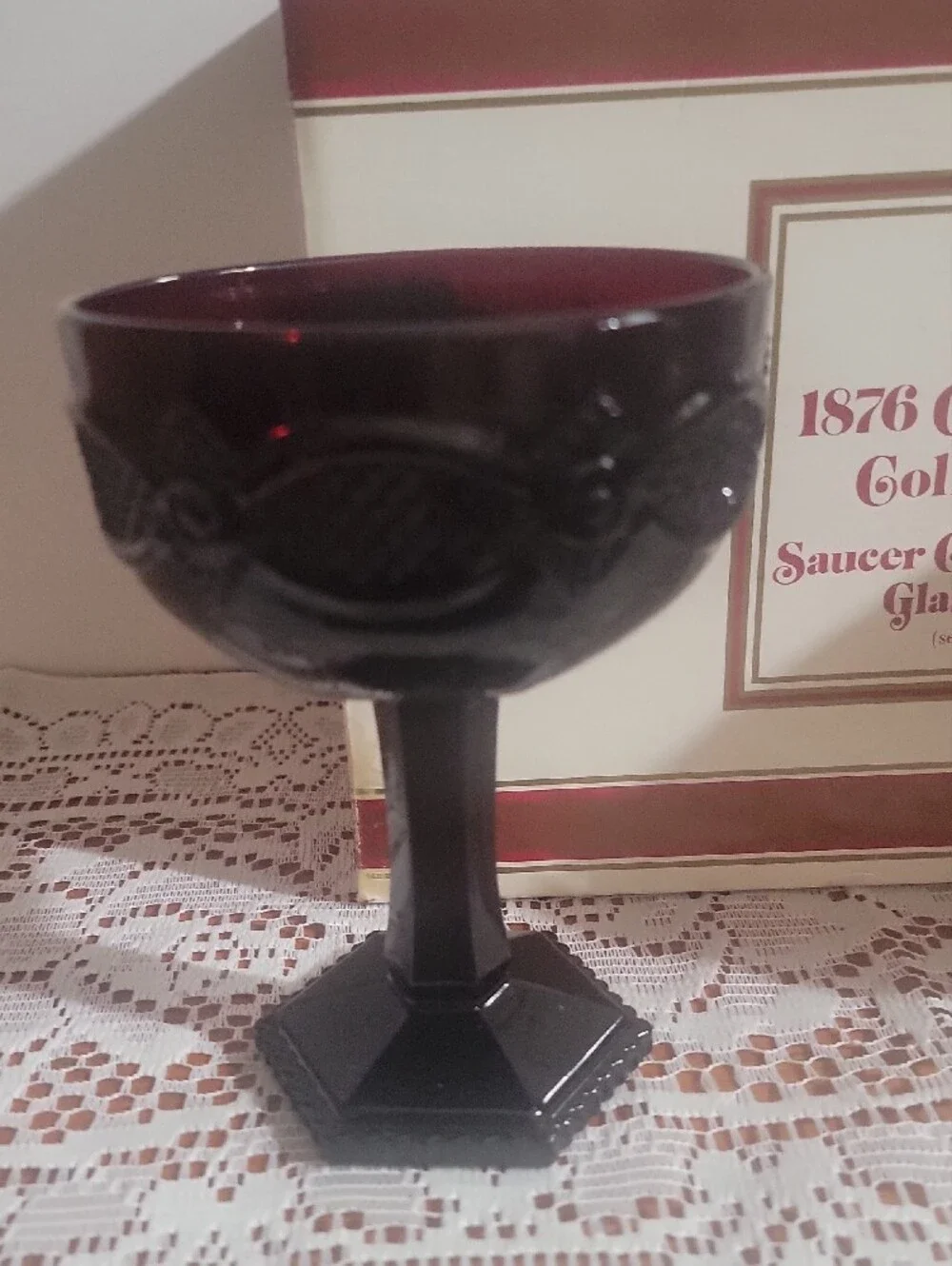 Avon Cape Cod Collection Saucer Champagne Glasses - Deep Ruby With Box